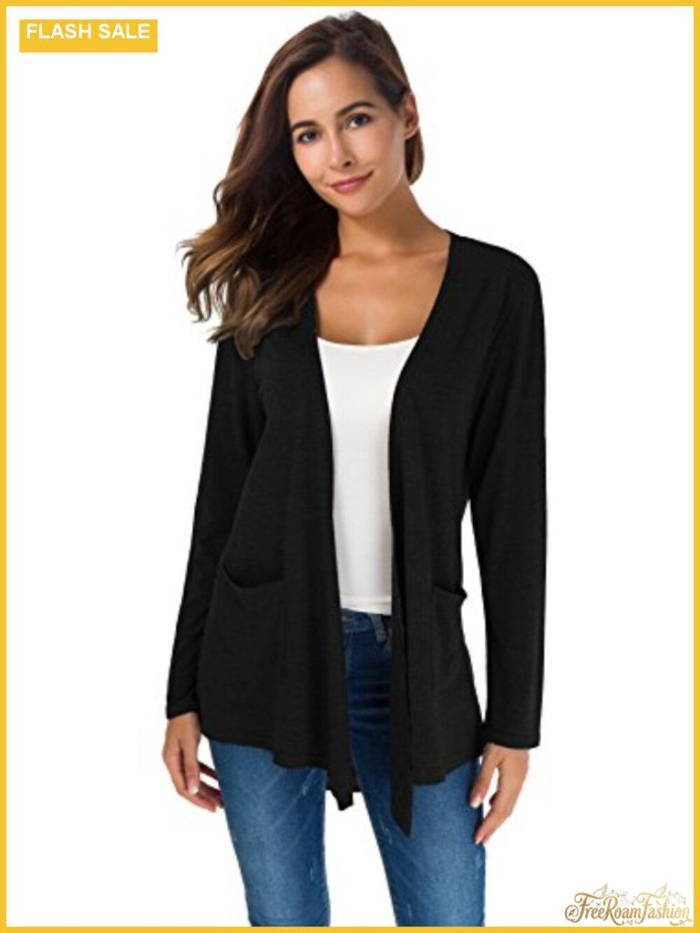 Women's Open Front Knit Cardigan with Pockets Long Sleeve Loose Fit
